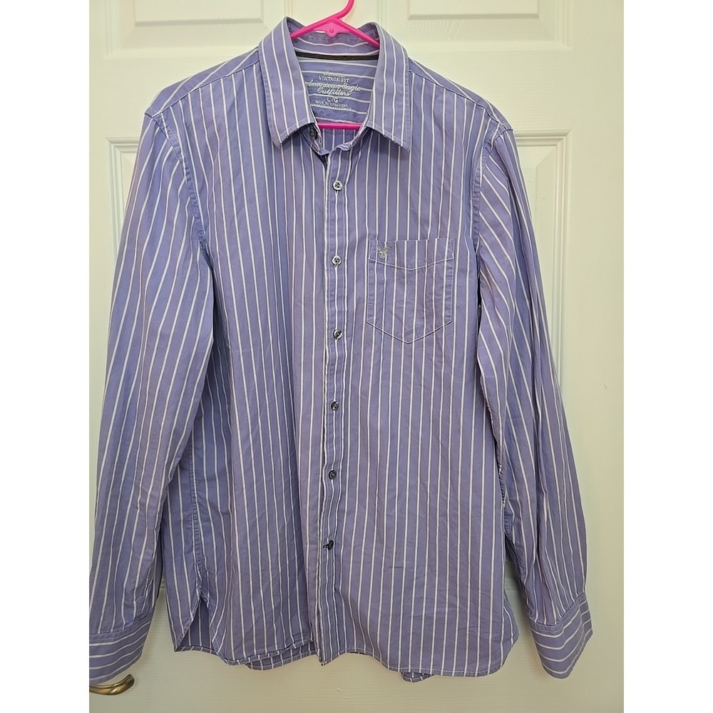 American Eagle Men's Large Purple With White Stripes Button-Down Dress Shirt